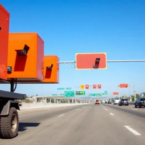 Orange boxes with cameras along a highway in San Diego