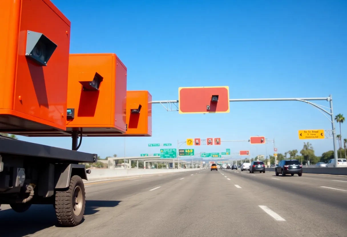 Orange boxes with cameras along a highway in San Diego