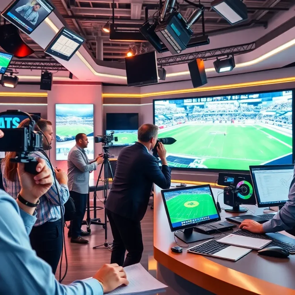 Newsroom environment with journalists and technology