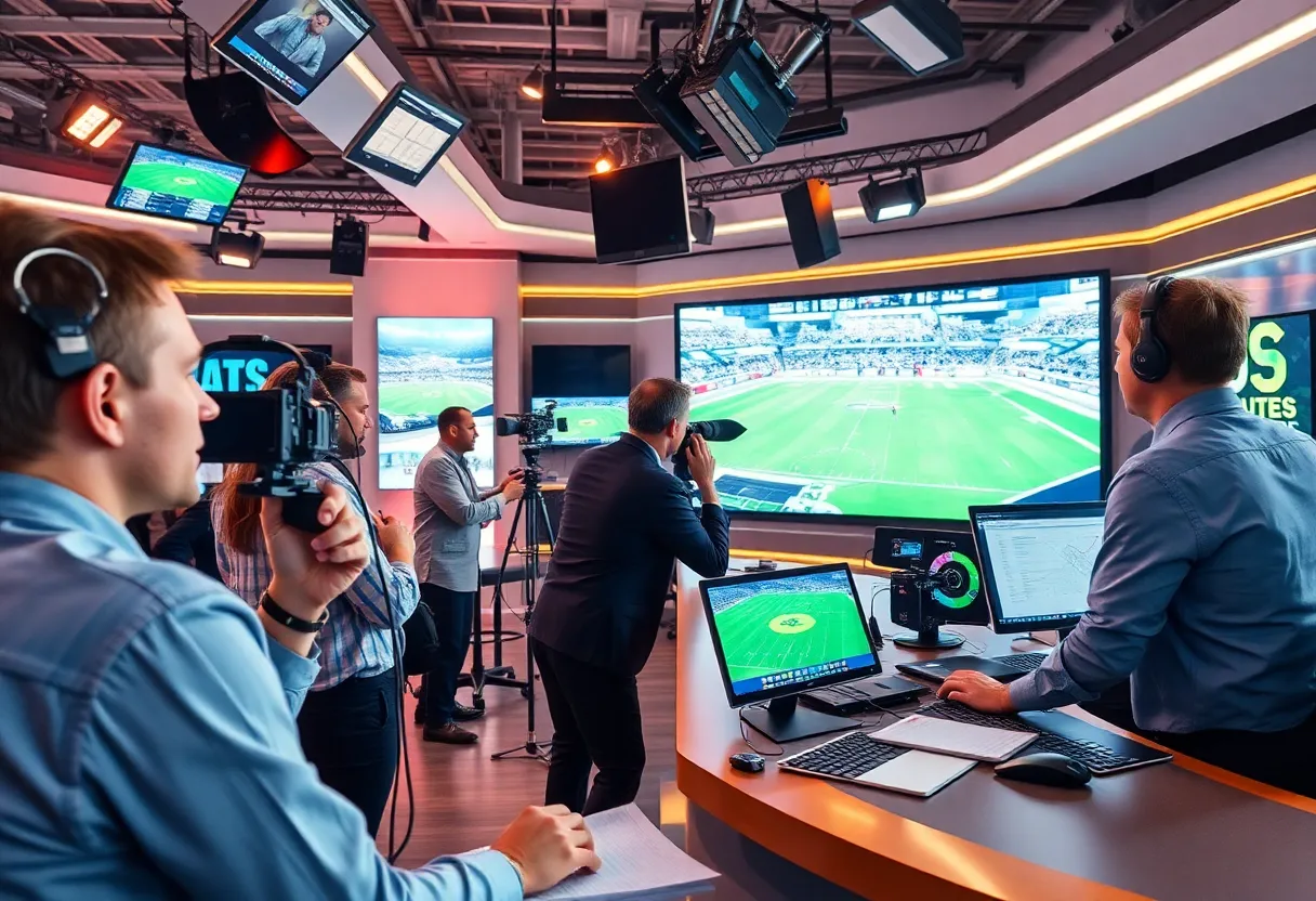 Newsroom environment with journalists and technology