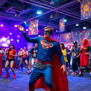 Comic-Con scene featuring a superhero dance performance.
