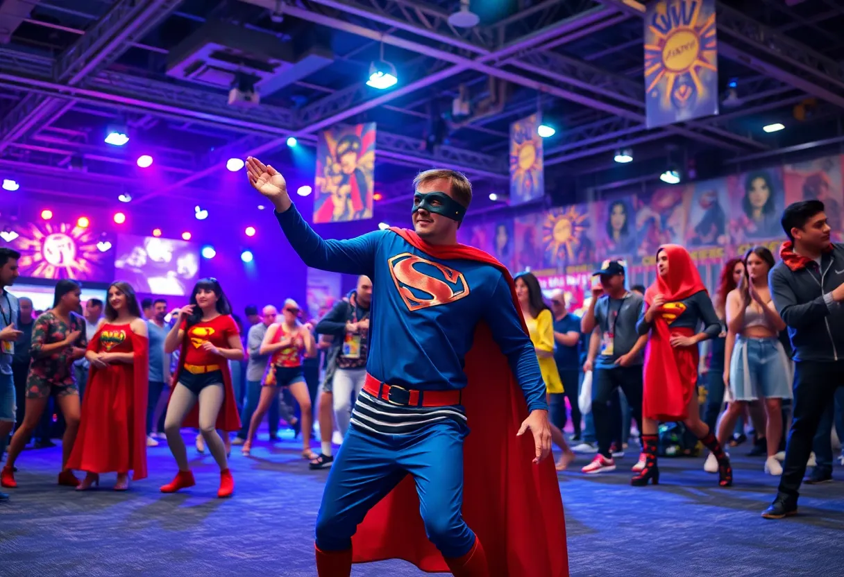 Comic-Con scene featuring a superhero dance performance.