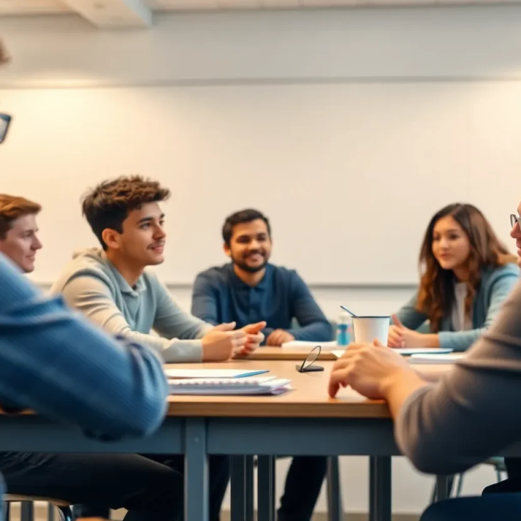 Students discussing political science topics in a classroom