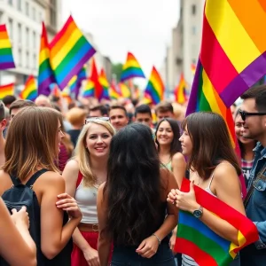 A diverse group of people celebrating at a Pride Festival, surrounded by rainbow decorations and flags.
