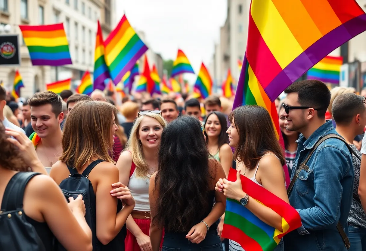 A diverse group of people celebrating at a Pride Festival, surrounded by rainbow decorations and flags.
