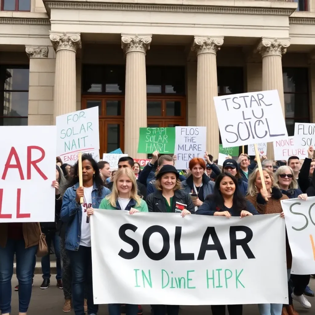 Demonstrators protesting against California solar bill AB 942 outside the Capitol.