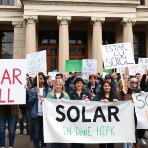 Demonstrators protesting against California solar bill AB 942 outside the Capitol.