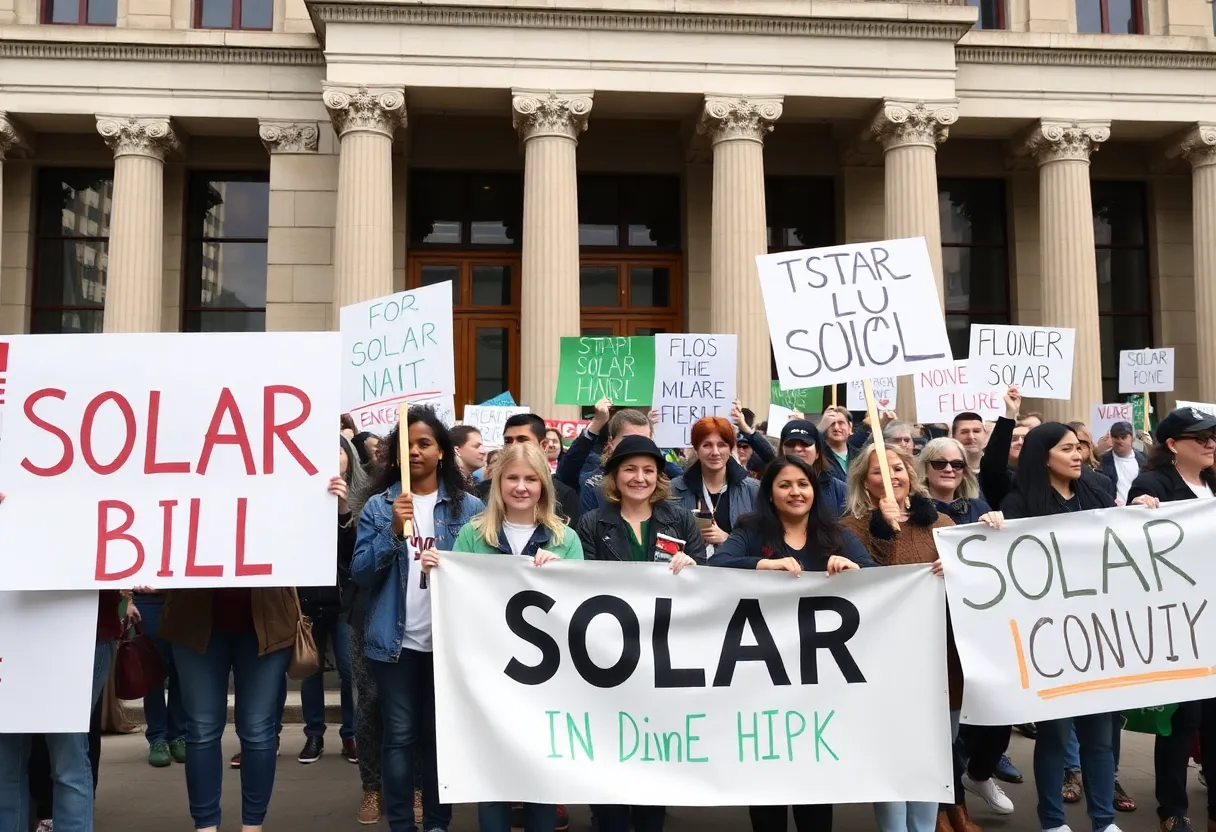 Demonstrators protesting against California solar bill AB 942 outside the Capitol.