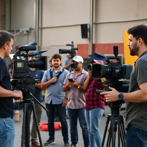 A bustling film set in California with local workers engaged in various tasks.