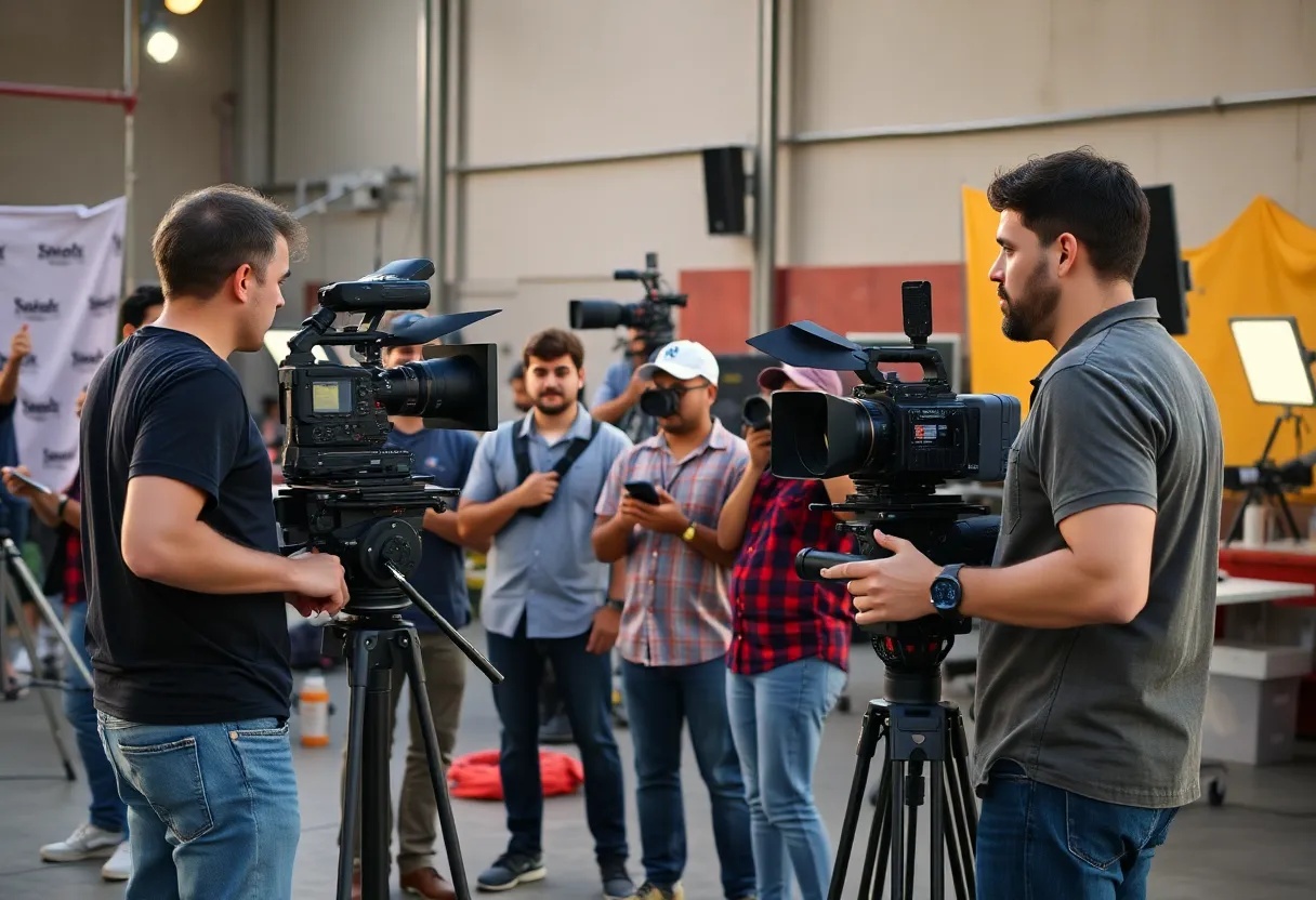 A bustling film set in California with local workers engaged in various tasks.