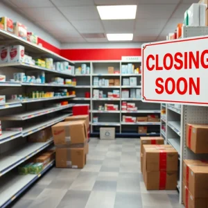 Empty Rite Aid store with closing signs and boxes.