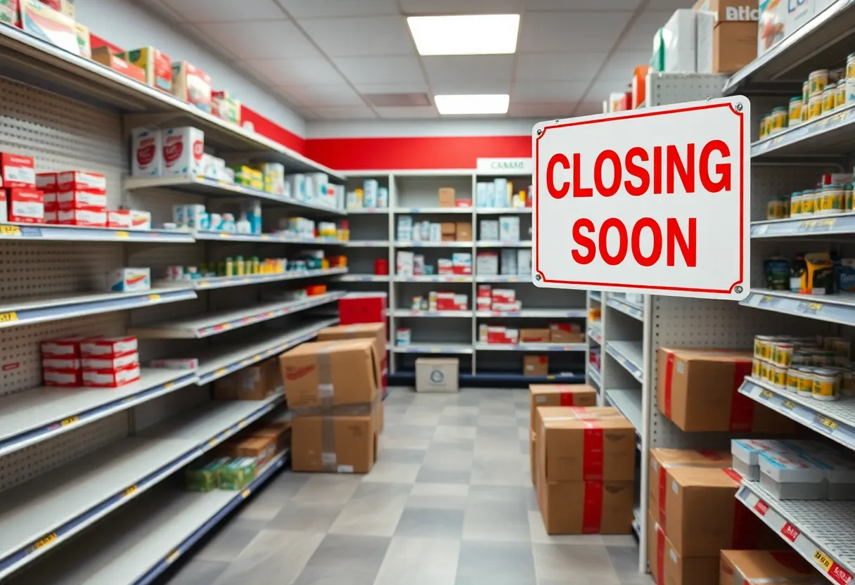 Empty Rite Aid store with closing signs and boxes.