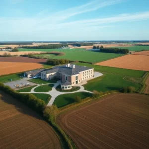 Aerial view of a rural hospital in a farmland area