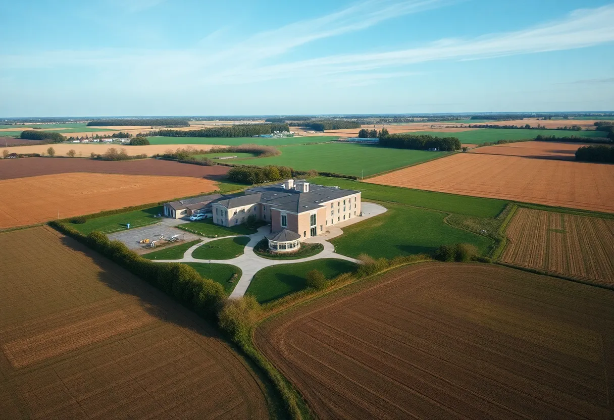 Aerial view of a rural hospital in a farmland area