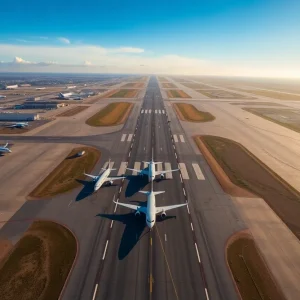 Aerial view of San Diego International Airport with aircraft on the runway