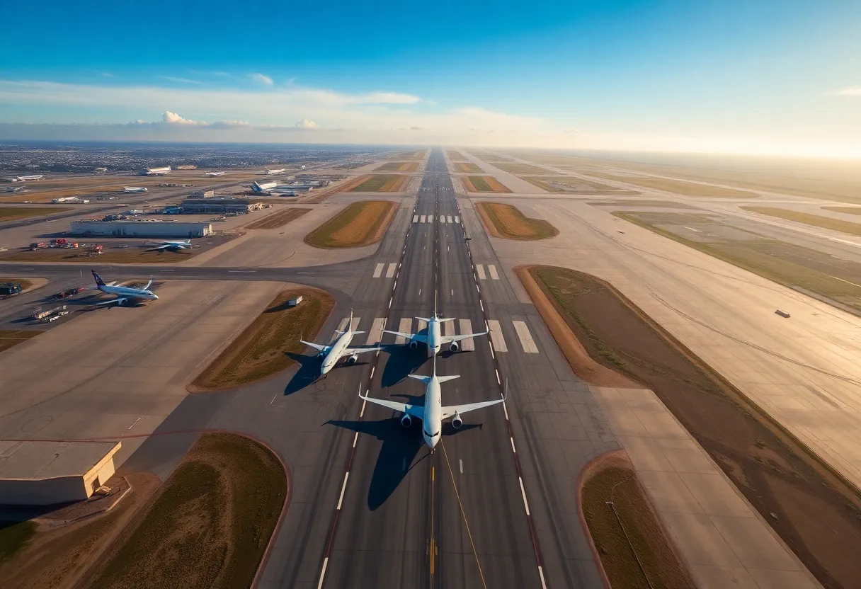 Aerial view of San Diego International Airport with aircraft on the runway