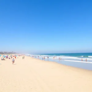 Crowded San Diego beach on Memorial Day with sunny weather