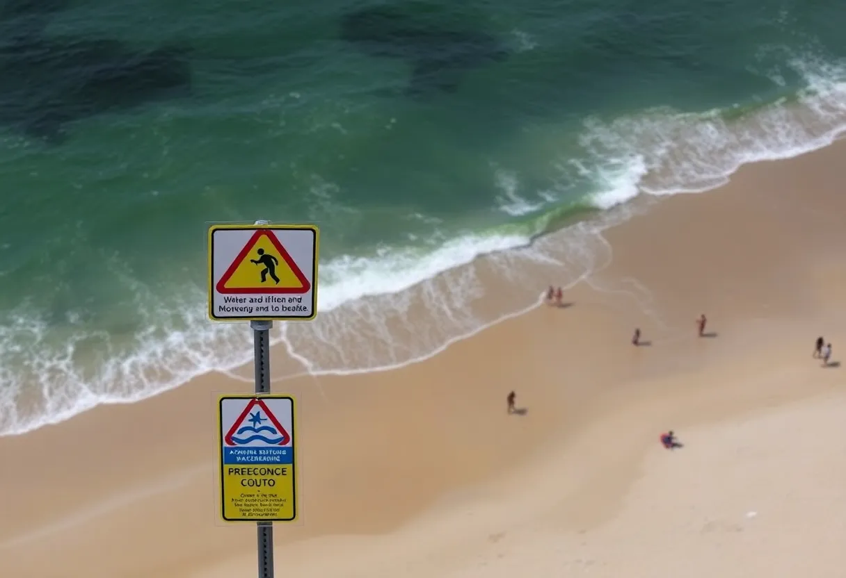 Warning signs at San Diego beach highlighting sewage contamination