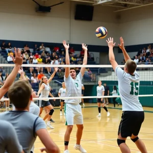 High school boys volleyball players competing during a match.