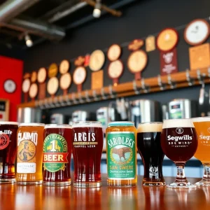 Assorted craft beers displayed at a San Diego brewery with award medals.