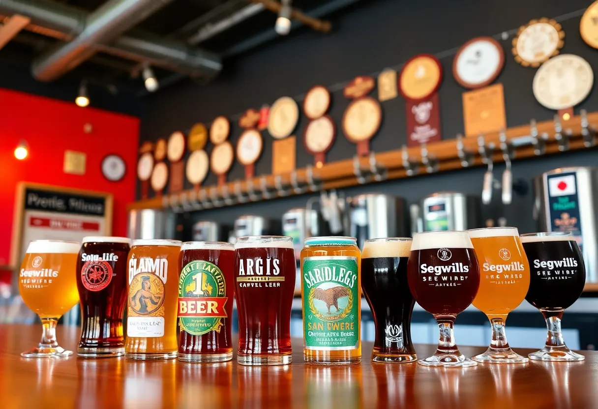 Assorted craft beers displayed at a San Diego brewery with award medals.