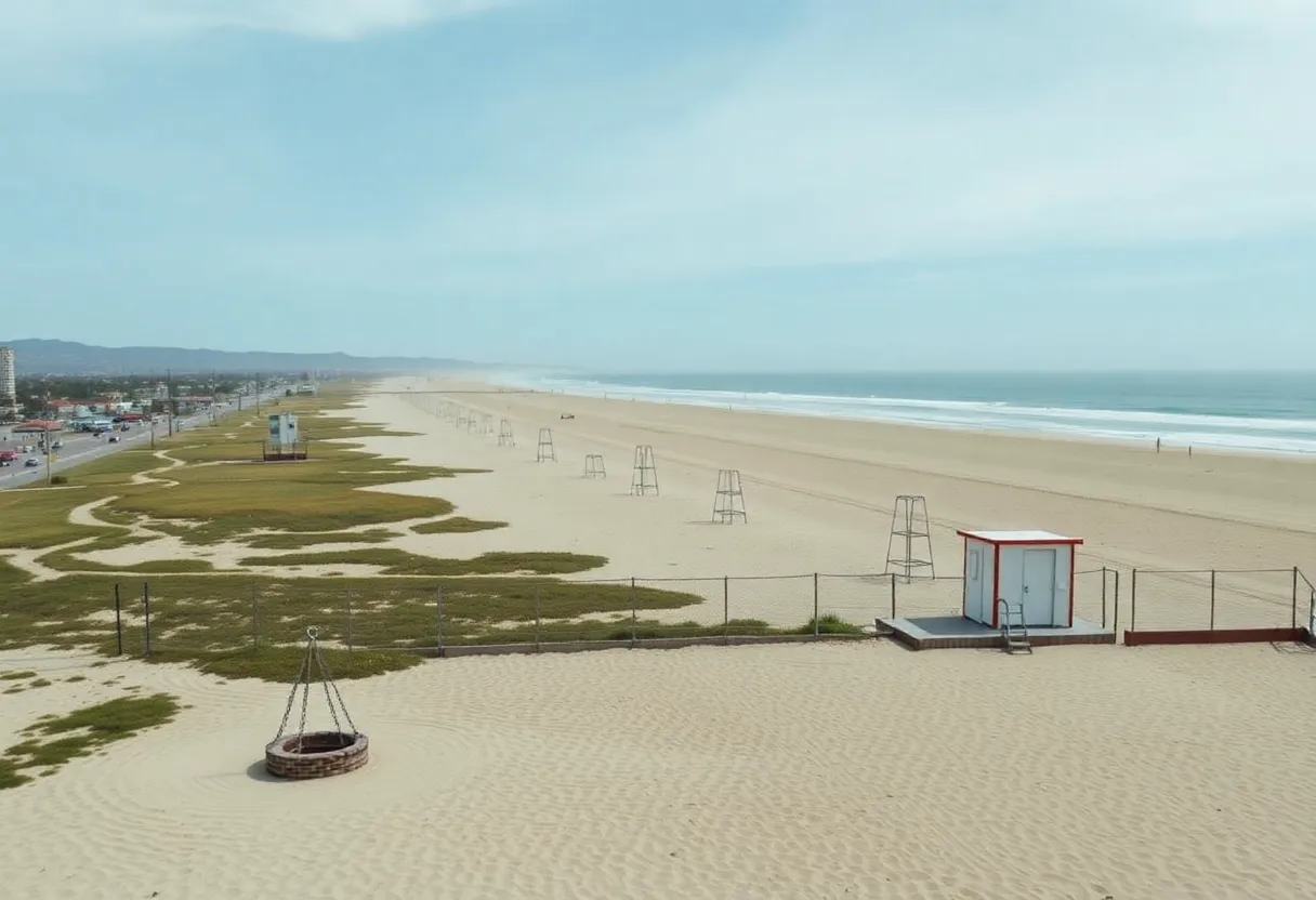 Closed public restrooms and empty fire pits on a San Diego beach