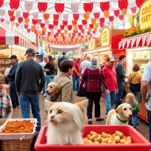 Families enjoying the San Diego County Fair surrounded by pet activities and food stalls.