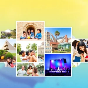 Colorful representation of San Diego family activities and cultural events.