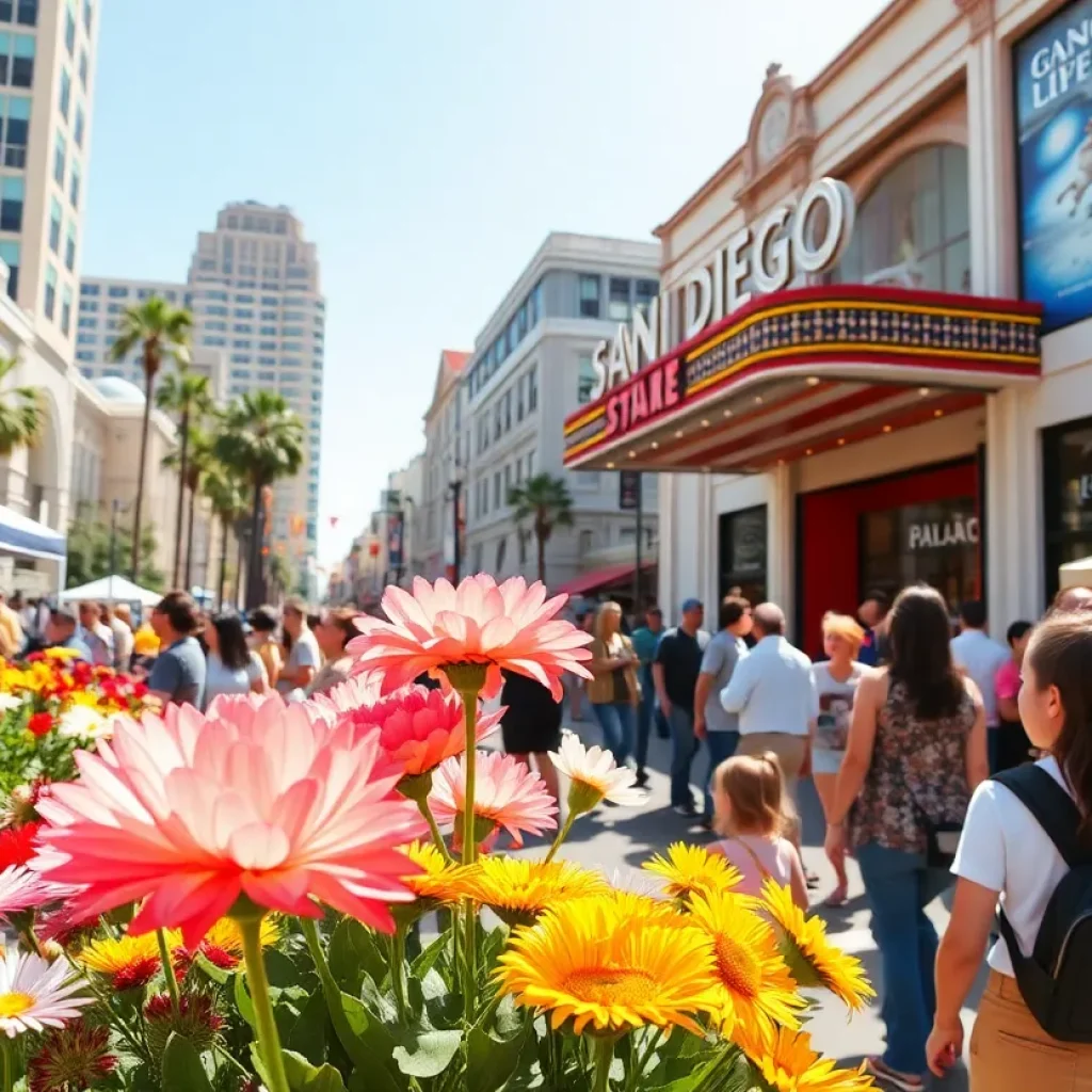 A collage of San Diego events including flowers and performances.