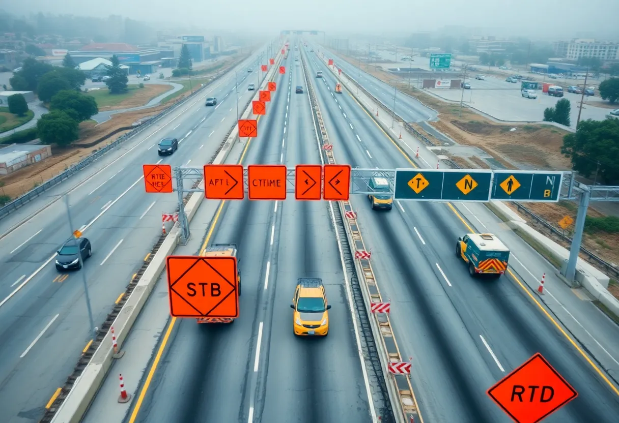 Construction workers and machinery on a busy highway in San Diego.