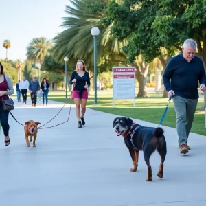 Dog owners in San Diego park adhering to leash laws