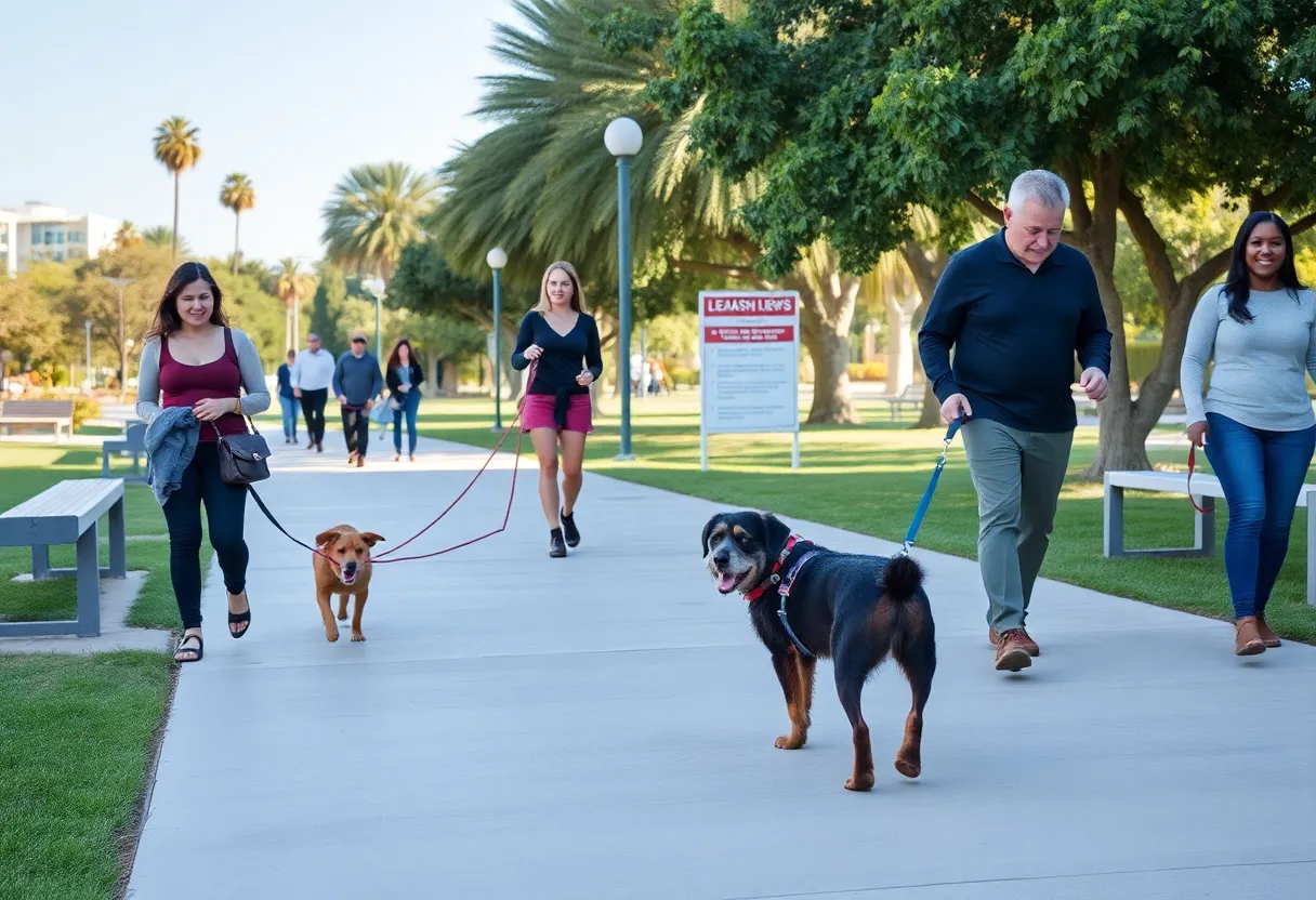 Dog owners in San Diego park adhering to leash laws