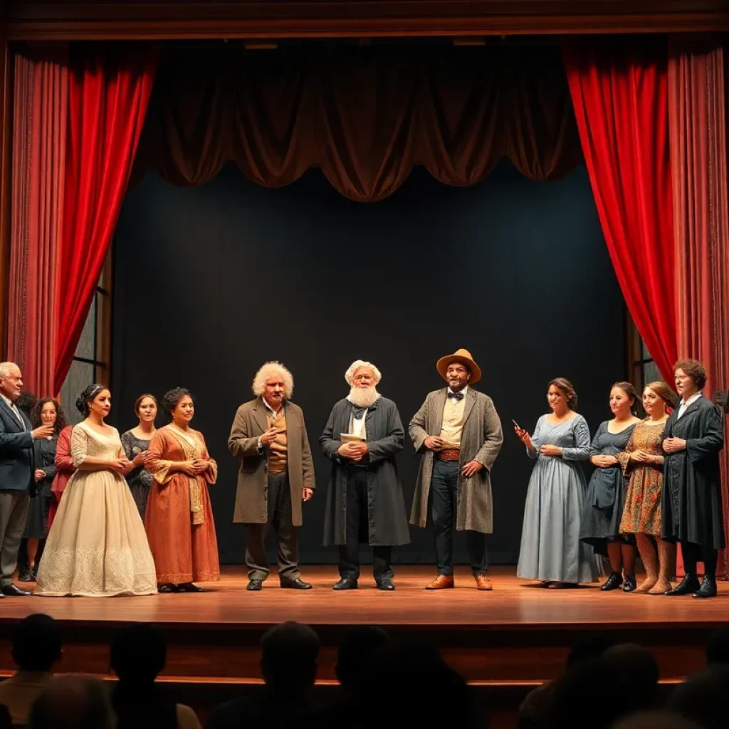 Stage representing historical figures in a library setting