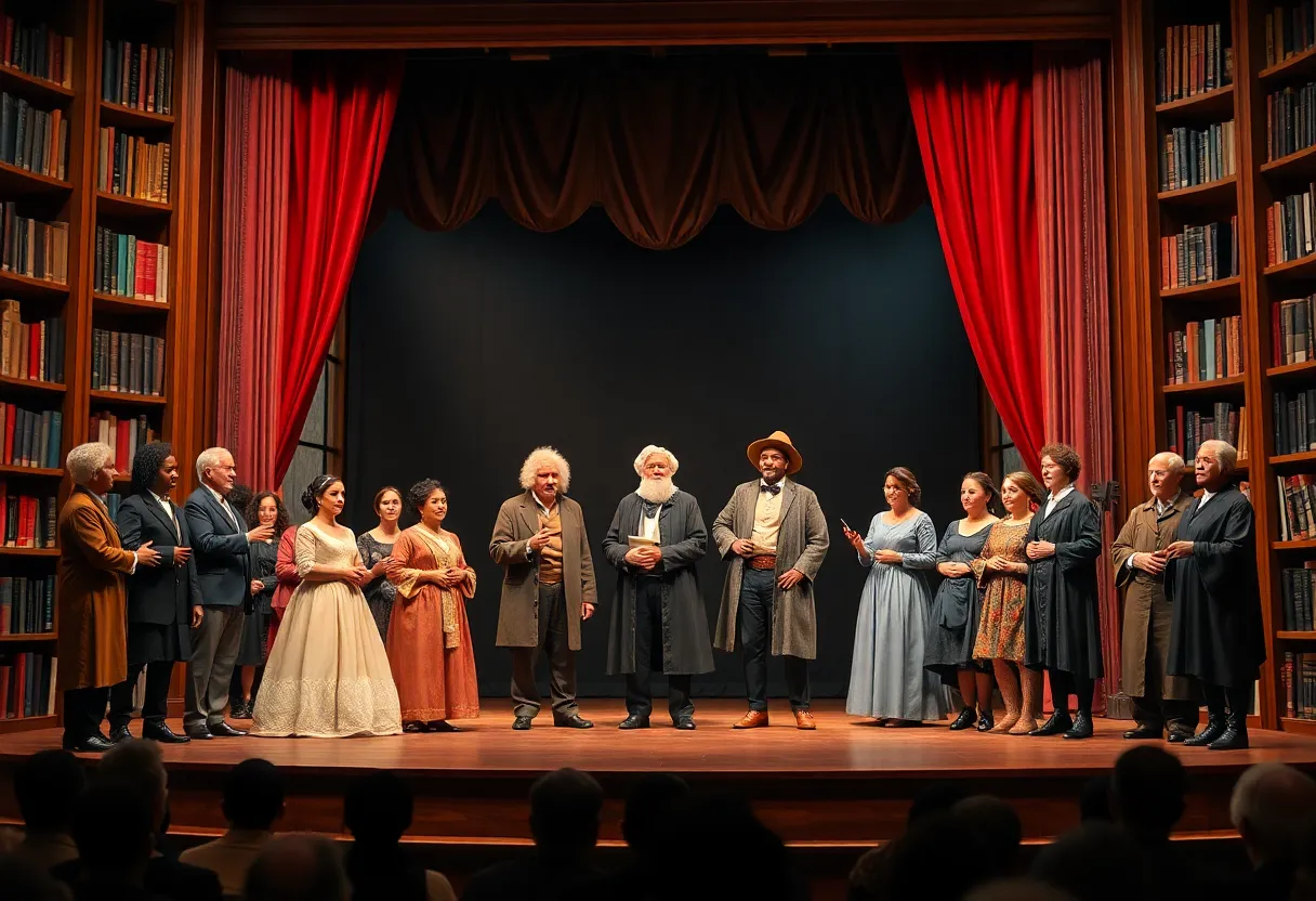 Stage representing historical figures in a library setting
