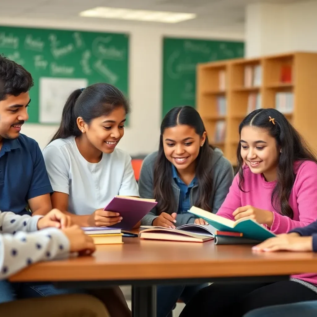 Students collaborating in a classroom at a private high school in San Diego