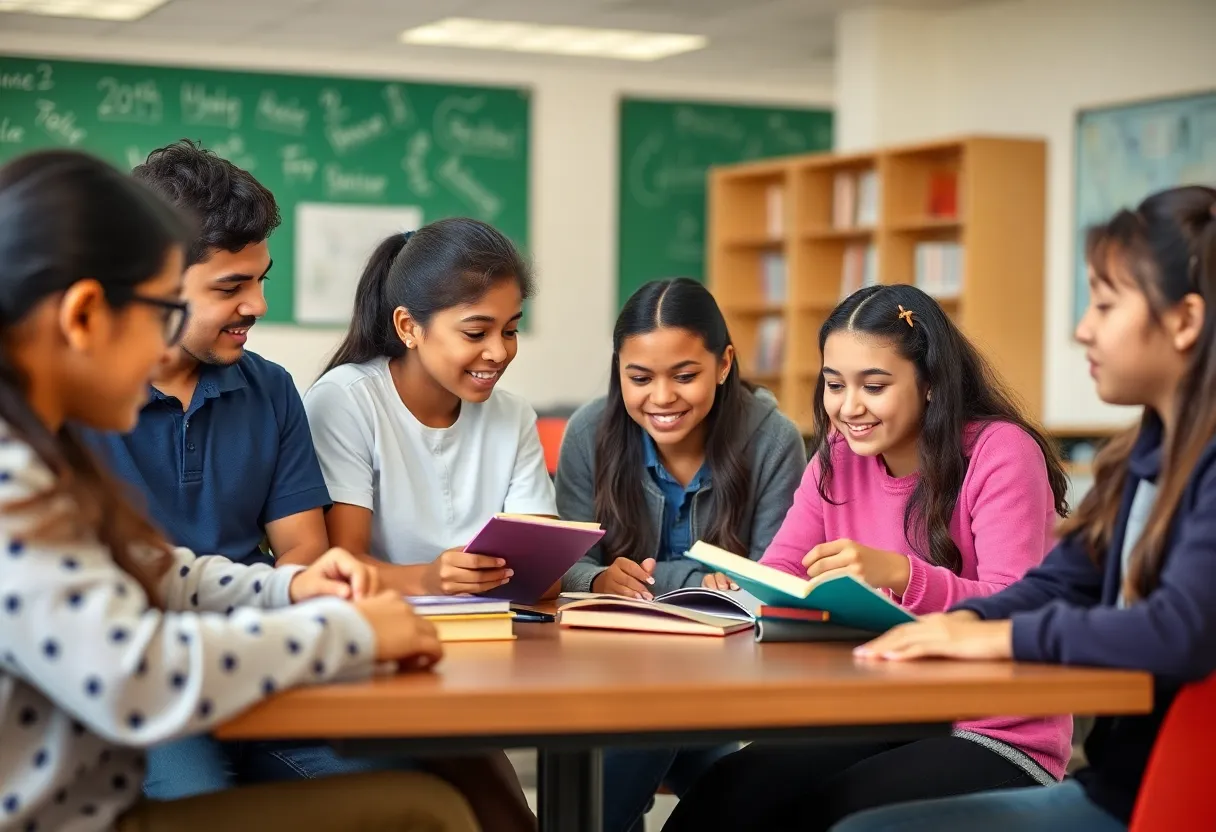 Students collaborating in a classroom at a private high school in San Diego