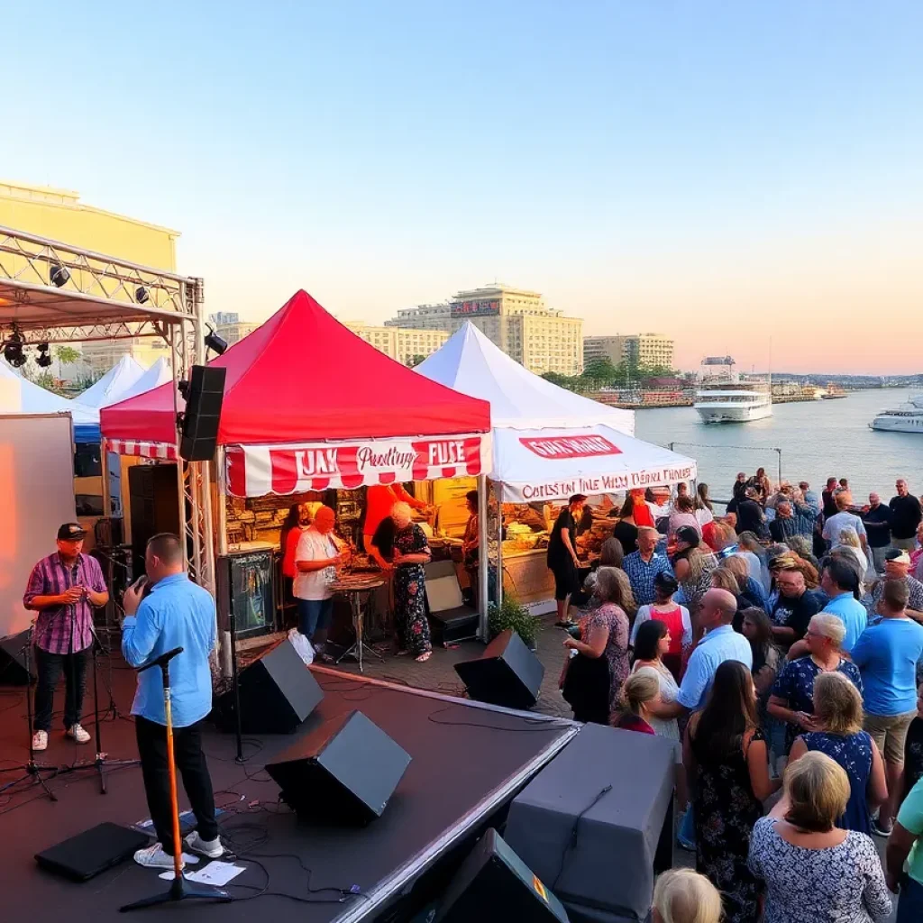 Audience enjoying the San Diego Smooth Jazz Festival with musicians on stage and waterfront views.