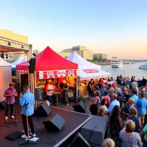 Audience enjoying the San Diego Smooth Jazz Festival with musicians on stage and waterfront views.