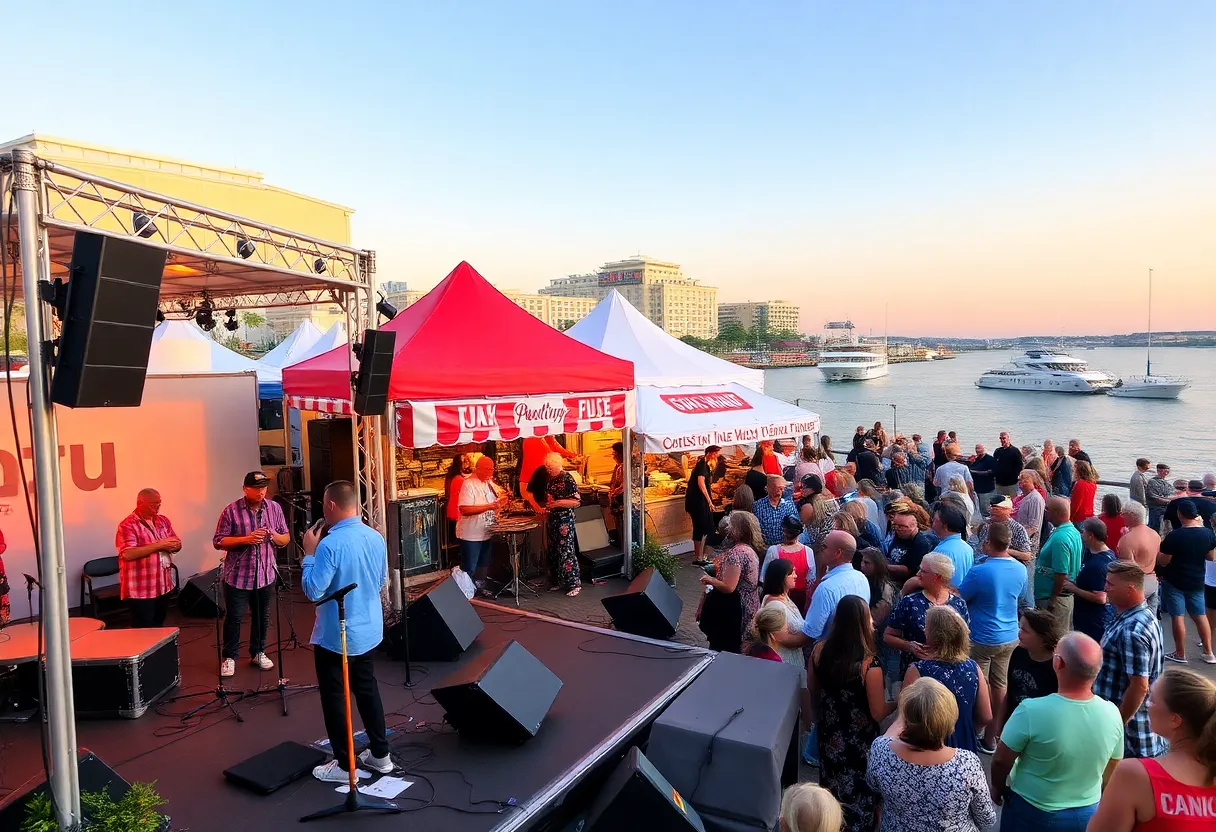 Audience enjoying the San Diego Smooth Jazz Festival with musicians on stage and waterfront views.