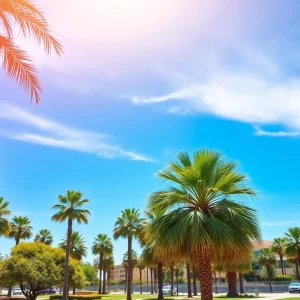 Sunny weather in San Diego with clear blue skies and palm trees