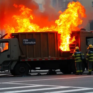 Firefighters extinguishing flames in a trash truck