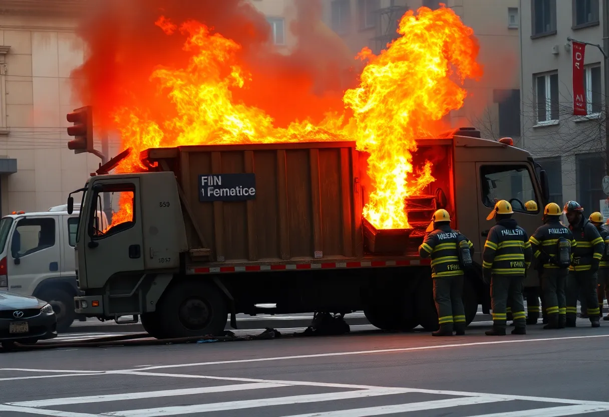 Firefighters extinguishing flames in a trash truck