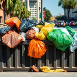 Overflowing dumpster in urban San Diego highlighting waste management issues