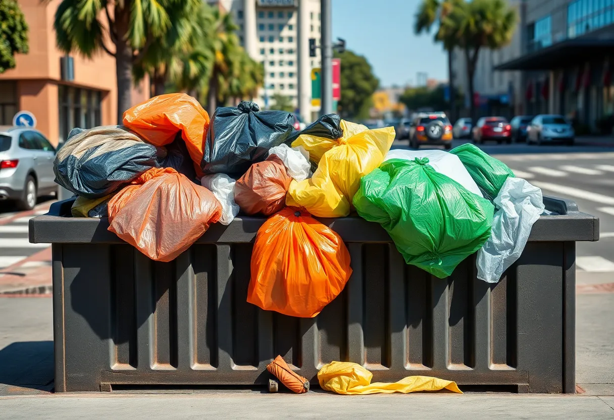 Overflowing dumpster in urban San Diego highlighting waste management issues
