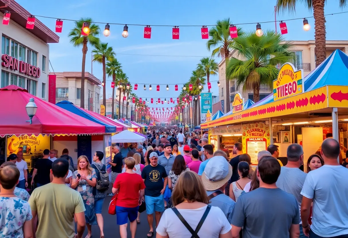 A collage of San Diego events featuring a festival, concert, and sports activities.