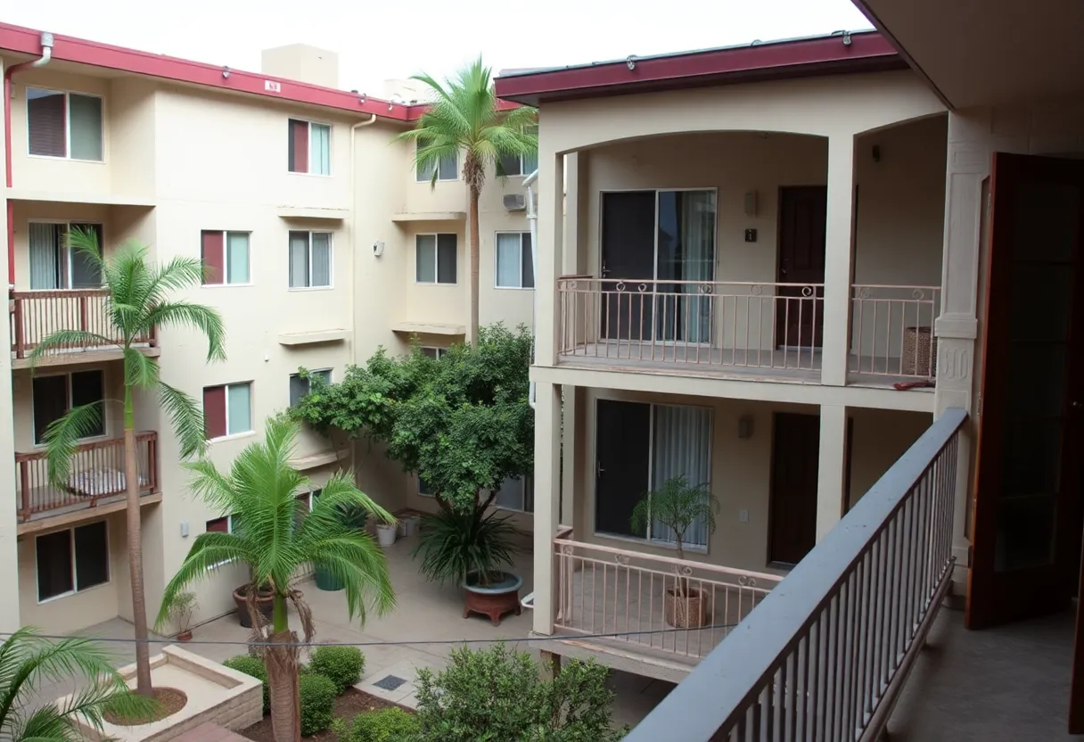 View of an apartment complex in San Ysidro with a third-floor balcony.