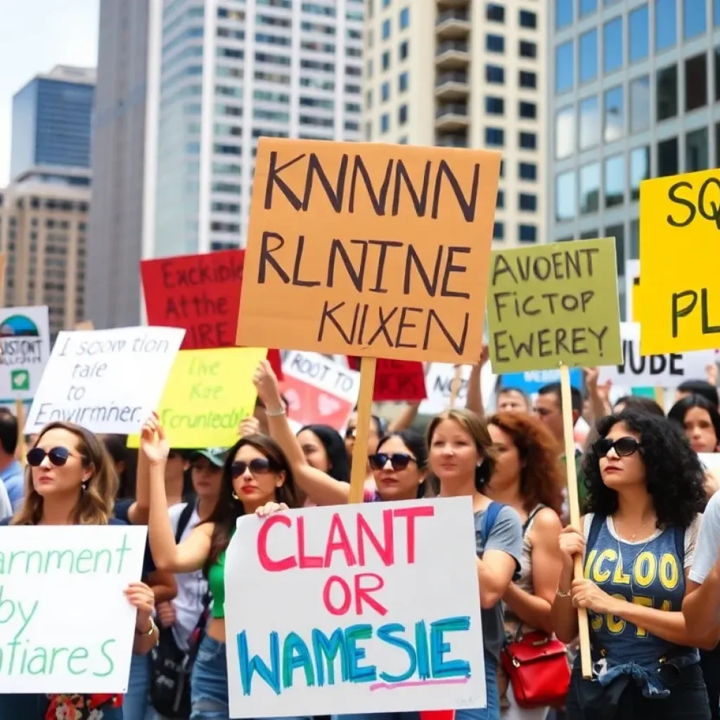 Protesters holding signs at a rally in San Diego against environmental policies.