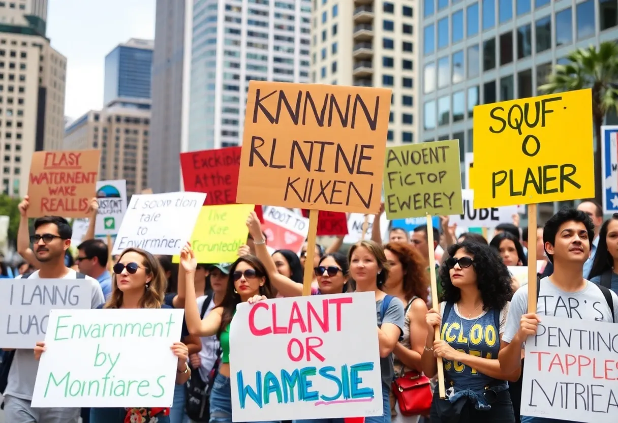 Protesters holding signs at a rally in San Diego against environmental policies.