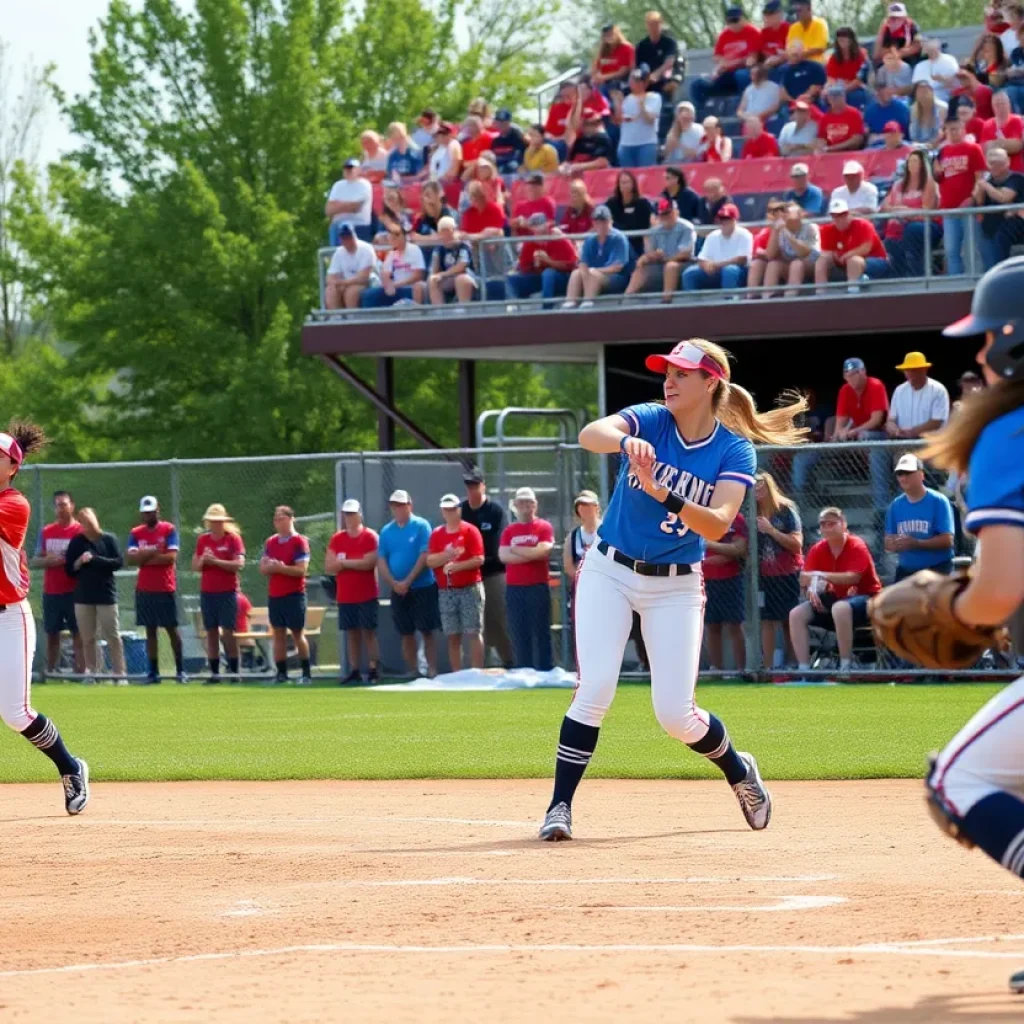 Collegiate softball game featuring SDSU players in action at Easton Stadium.