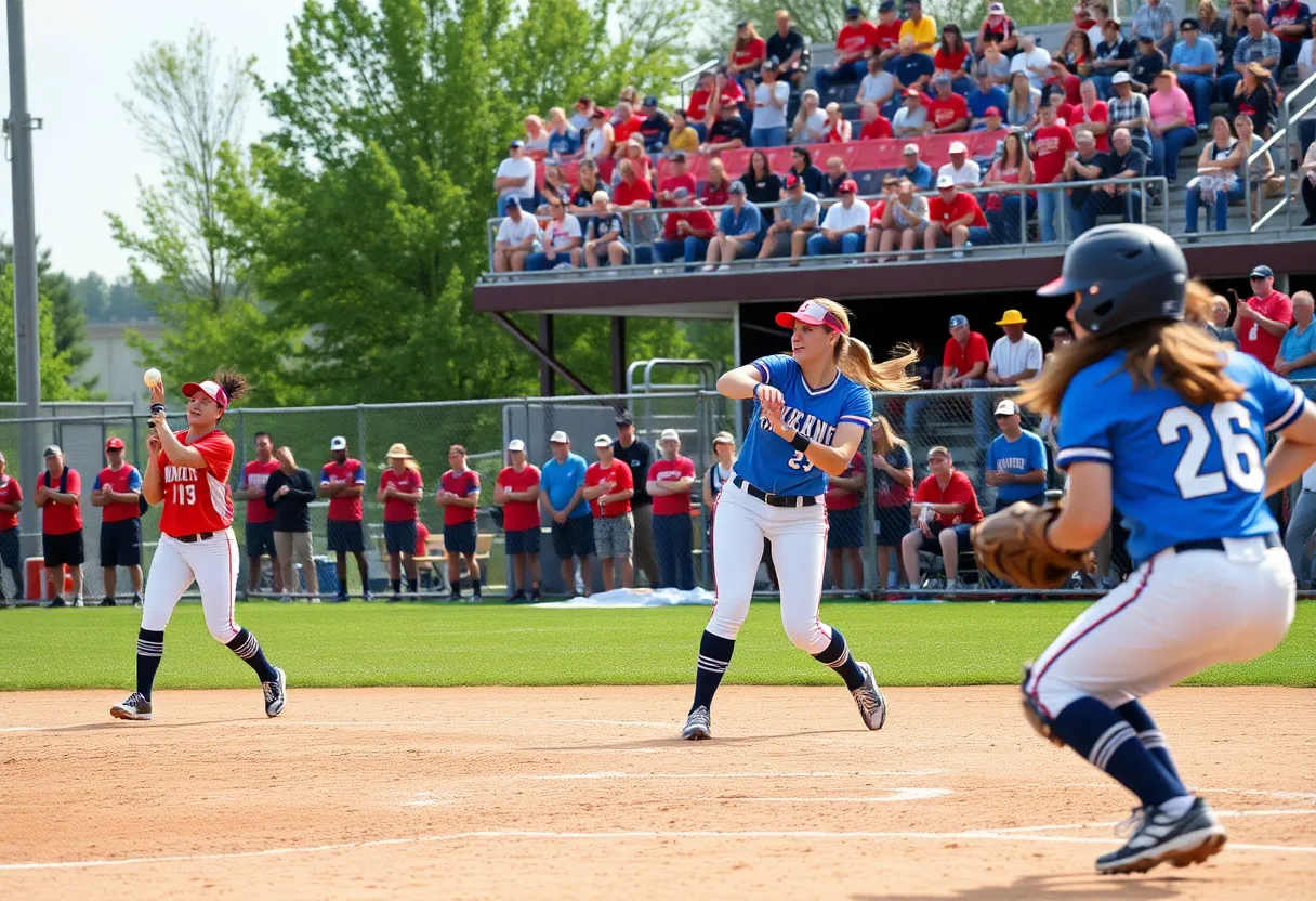 Collegiate softball game featuring SDSU players in action at Easton Stadium.